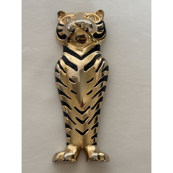 Vintage Tiger Brooch Pin Enamel Rhinestone Jewelry Art Deco Large Heavy Goldtone - Picture 7 of 7
